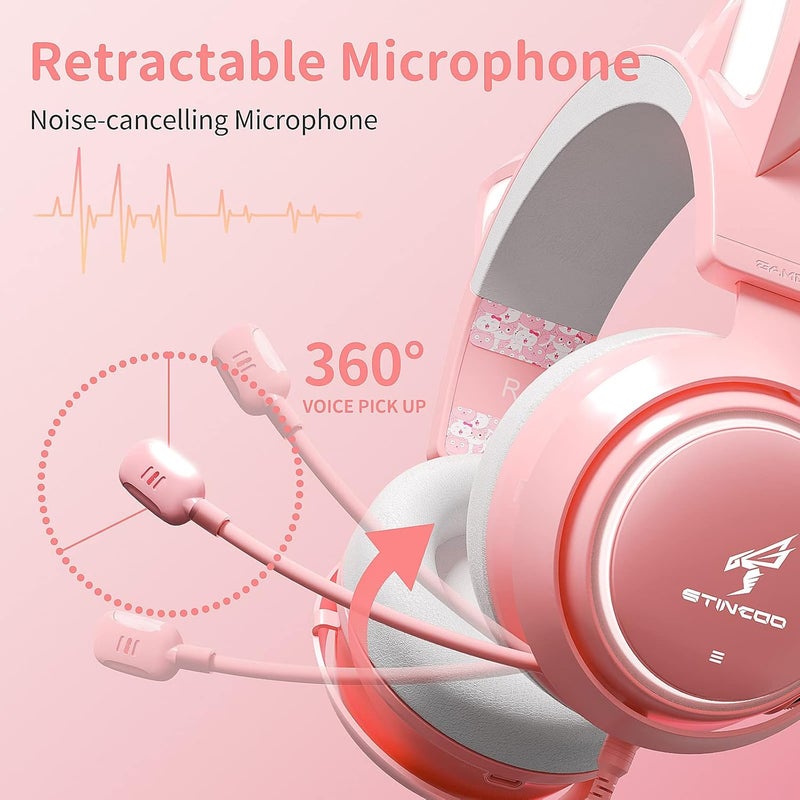 EASARS Pink Gaming Headset GS510, Wired, Over Ear, Cat Ear Design with RGB Lighting, 7.1 Surround Sound, Retractable Mic, Compatible with PC, PS4, PS5 - Image 5